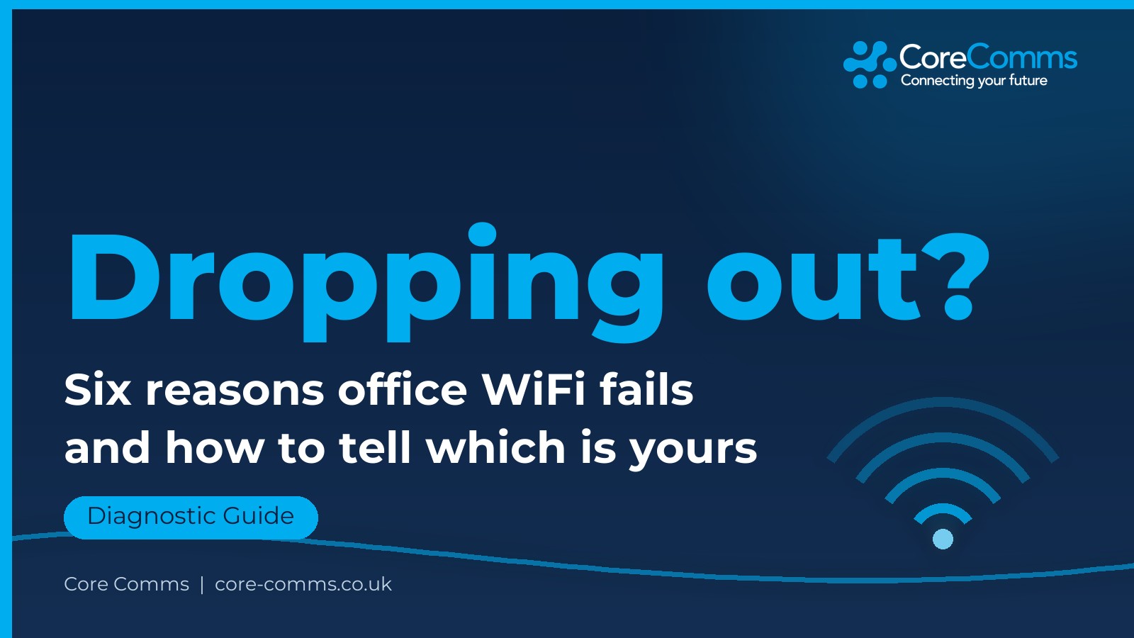 Office WiFi keeps dropping diagnostic guide from Core Comms showing the six causes of business WiFi drop-outs