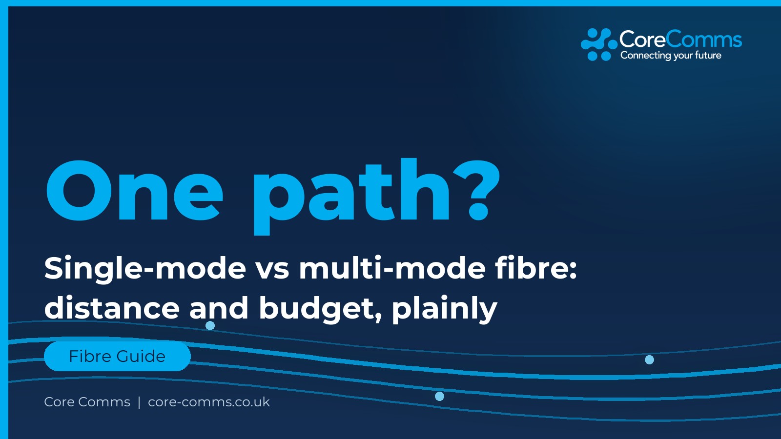 Core Comms branded graphic: single-mode vs multi-mode fibre optic cabling compared by distance and budget