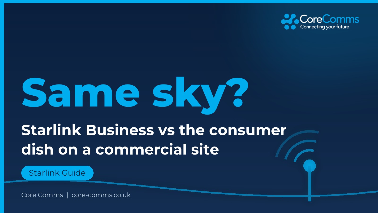 Core Comms branded graphic: Starlink Business vs residential consumer dish compared for a commercial site