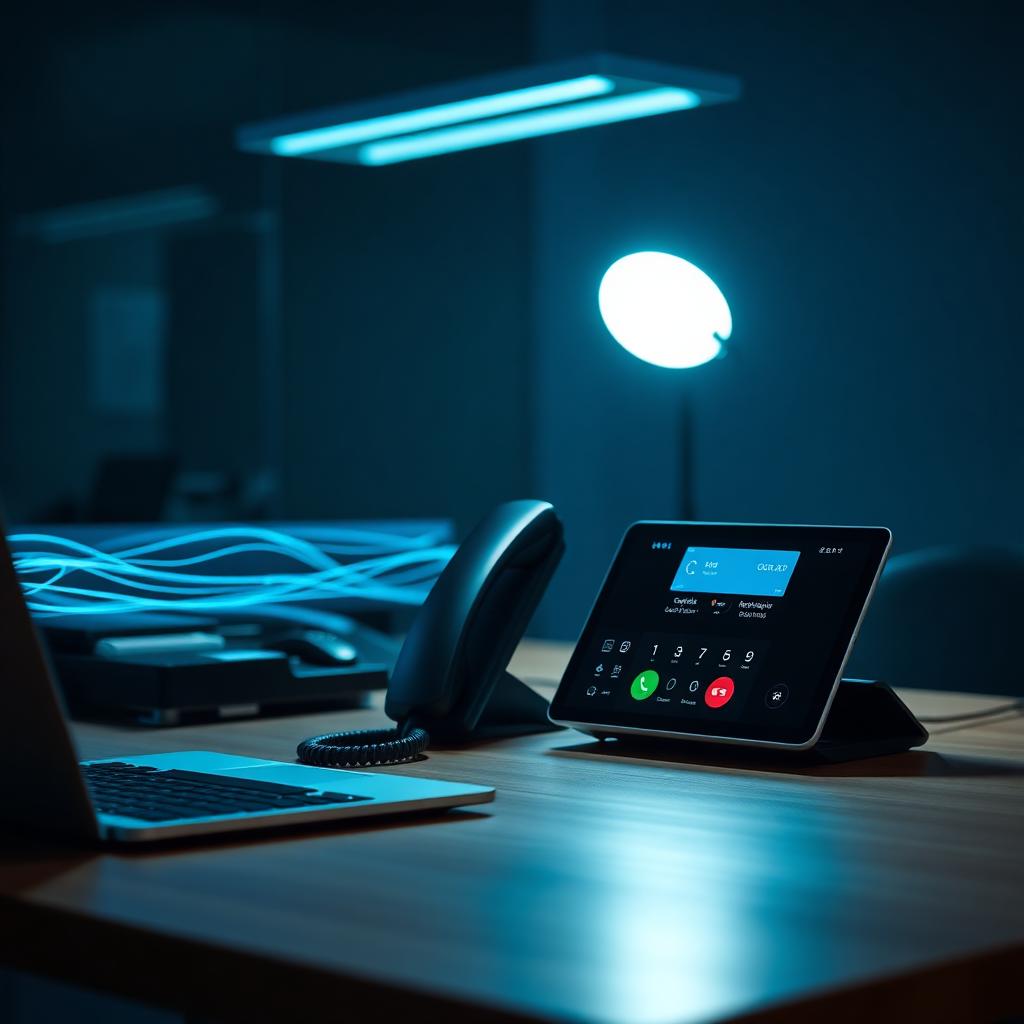 Modern VoIP desk phone on a UK office desk, replacing older copper phone lines