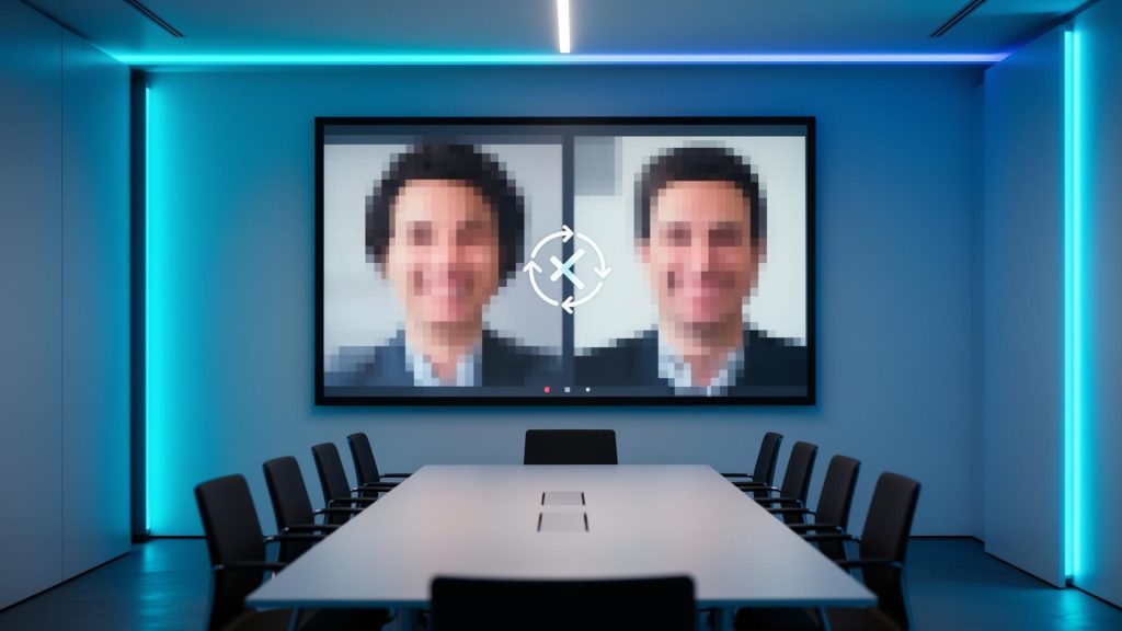 Office meeting room with a frozen video conference call on the main screen